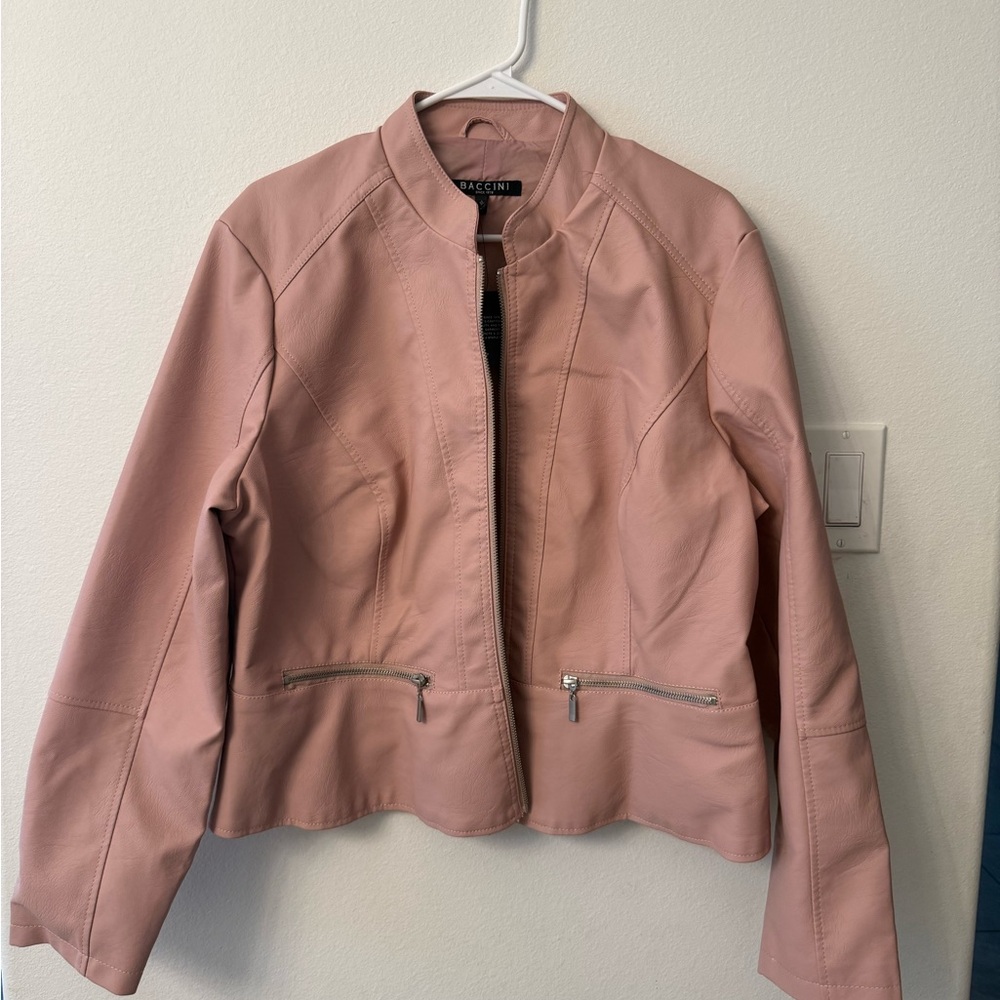 Baccini Pink Leather Moto Jacket Cropped Style